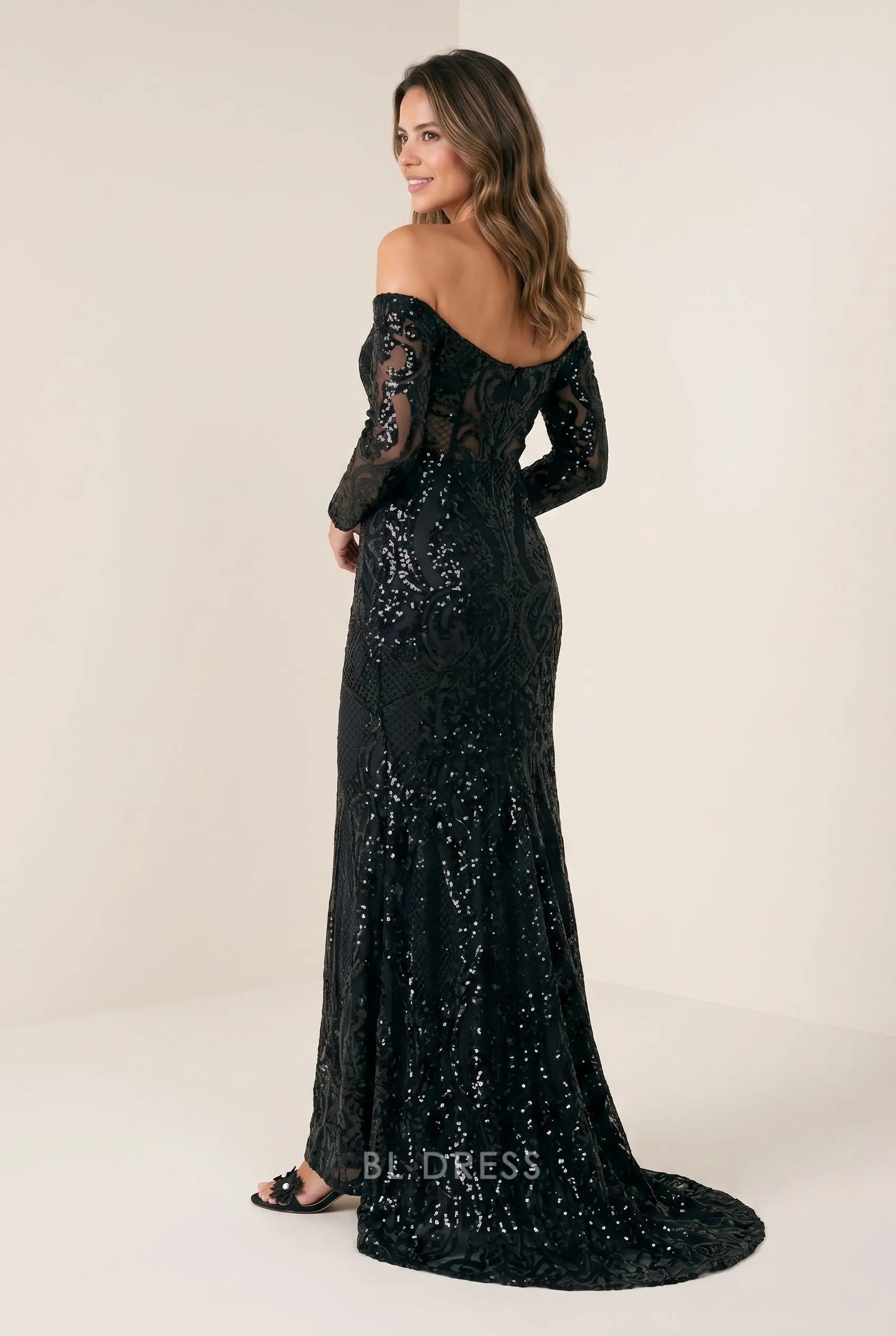 Black Lace Sequin Off The Shoulder Long Sleeve Mermaid Train Maxi Prom Dress