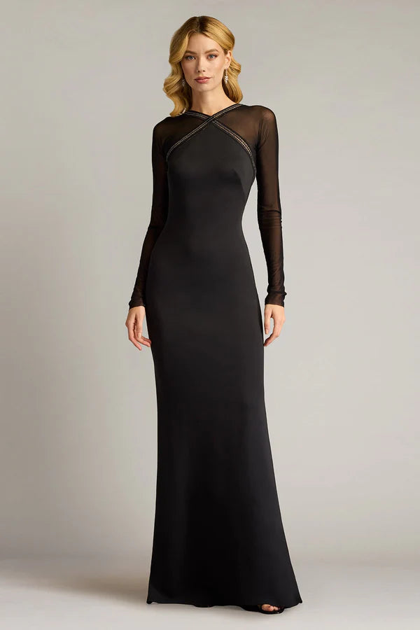 Black Long Sleeve Sheer Mesh Backless Mermaid Floor Length Formal Evening Prom Dress