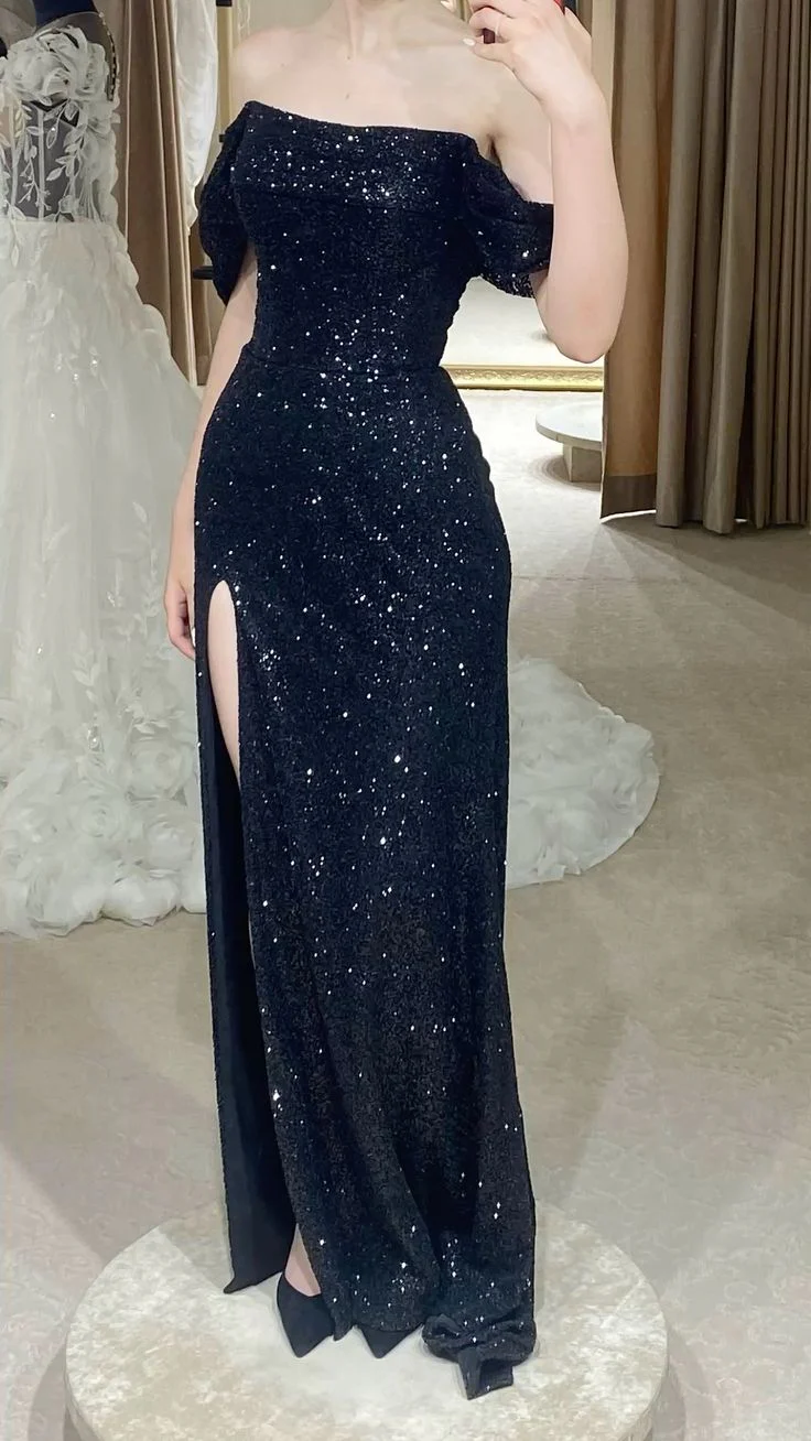 Black Off Shoulder Prom Dress With Sparkly Fabric And High Slit Mermaid Silhouette Formal Prom Dress