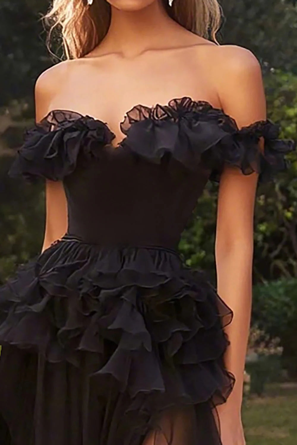 Black Off The Shoulder Prom Dress With Ruffled Tulle Bodice And High Slit Tiered Skirt For Formal Evening Party