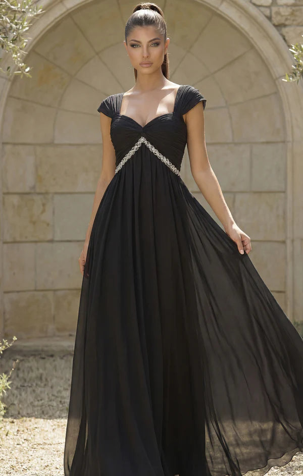 Black Off The Shoulder Rhinestone Chiffon A Line Floor Length Formal Evening Prom Dress