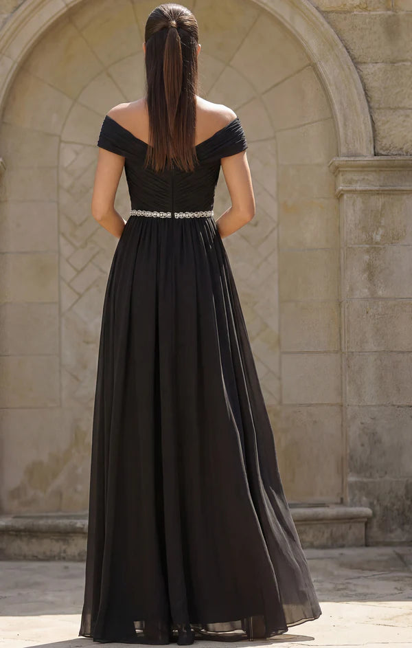 Black Off The Shoulder Rhinestone Chiffon A Line Floor Length Formal Evening Prom Dress