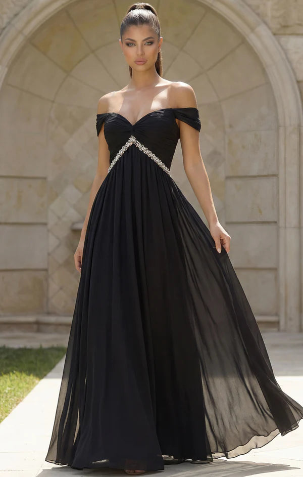 Black Off The Shoulder Rhinestone Chiffon A Line Floor Length Formal Evening Prom Dress