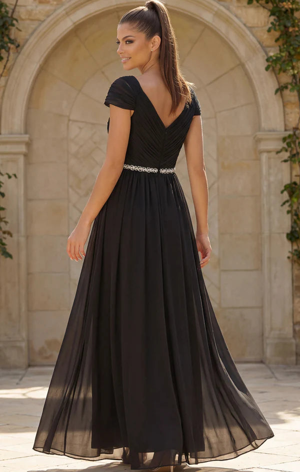Black Off The Shoulder Rhinestone Chiffon A Line Floor Length Formal Evening Prom Dress