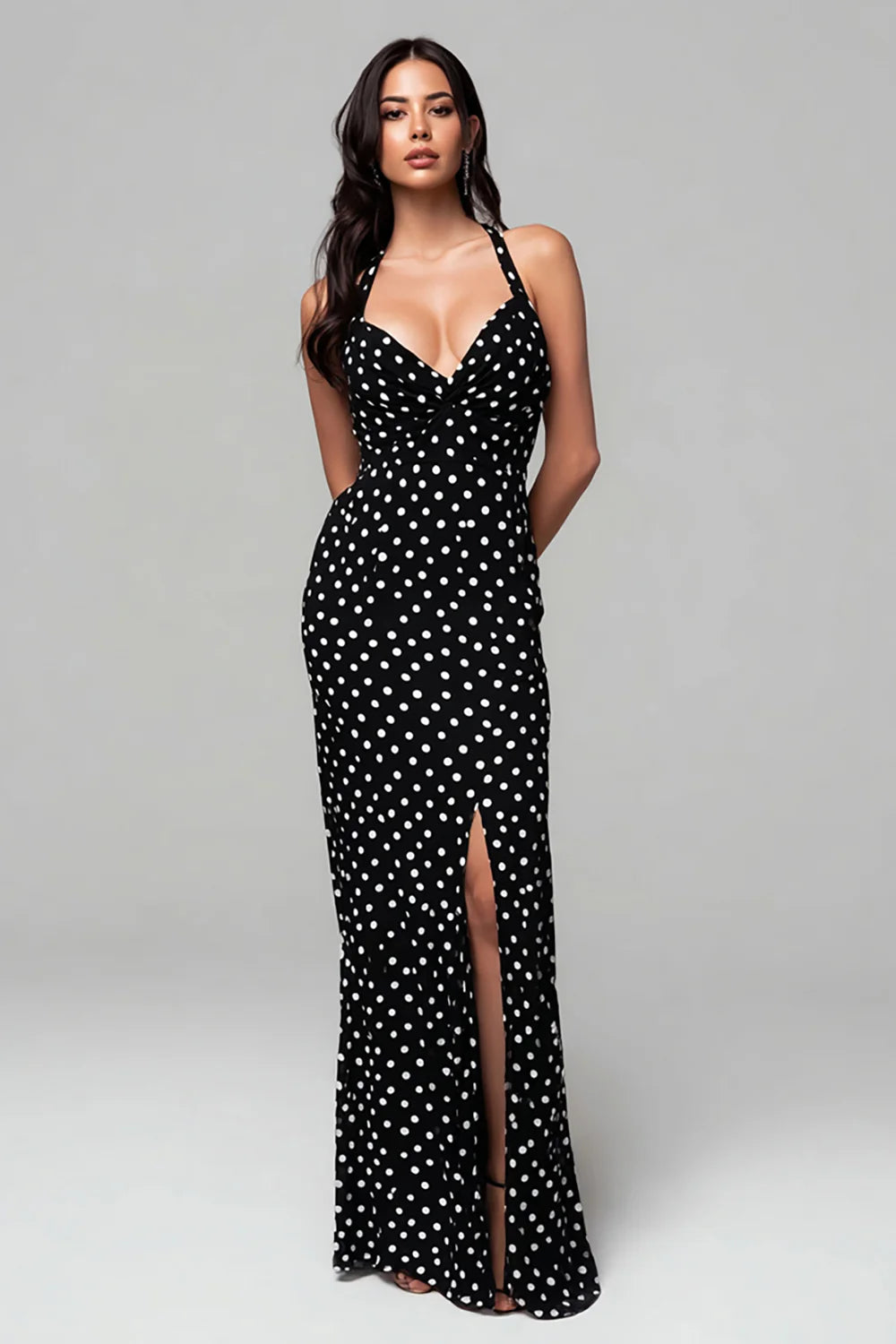 Black Polka Dot Halter Prom Dress With Criss Cross Back And High Slit Mermaid Silhouette For Formal Evening Party