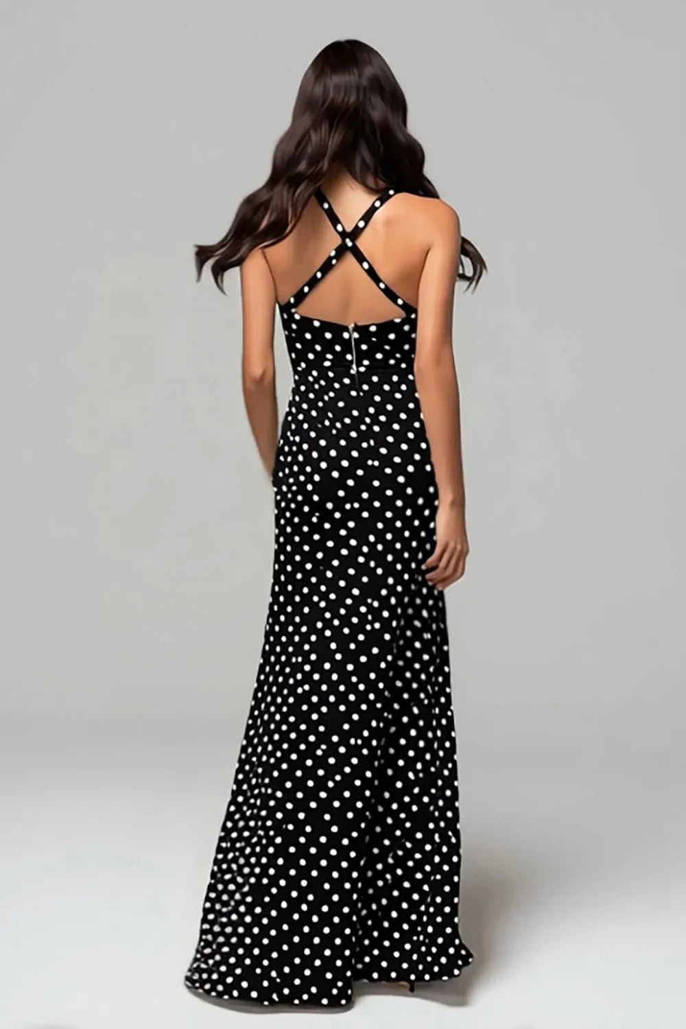Black Polka Dot Halter Prom Dress With Criss Cross Back And High Slit Mermaid Silhouette For Formal Evening Party