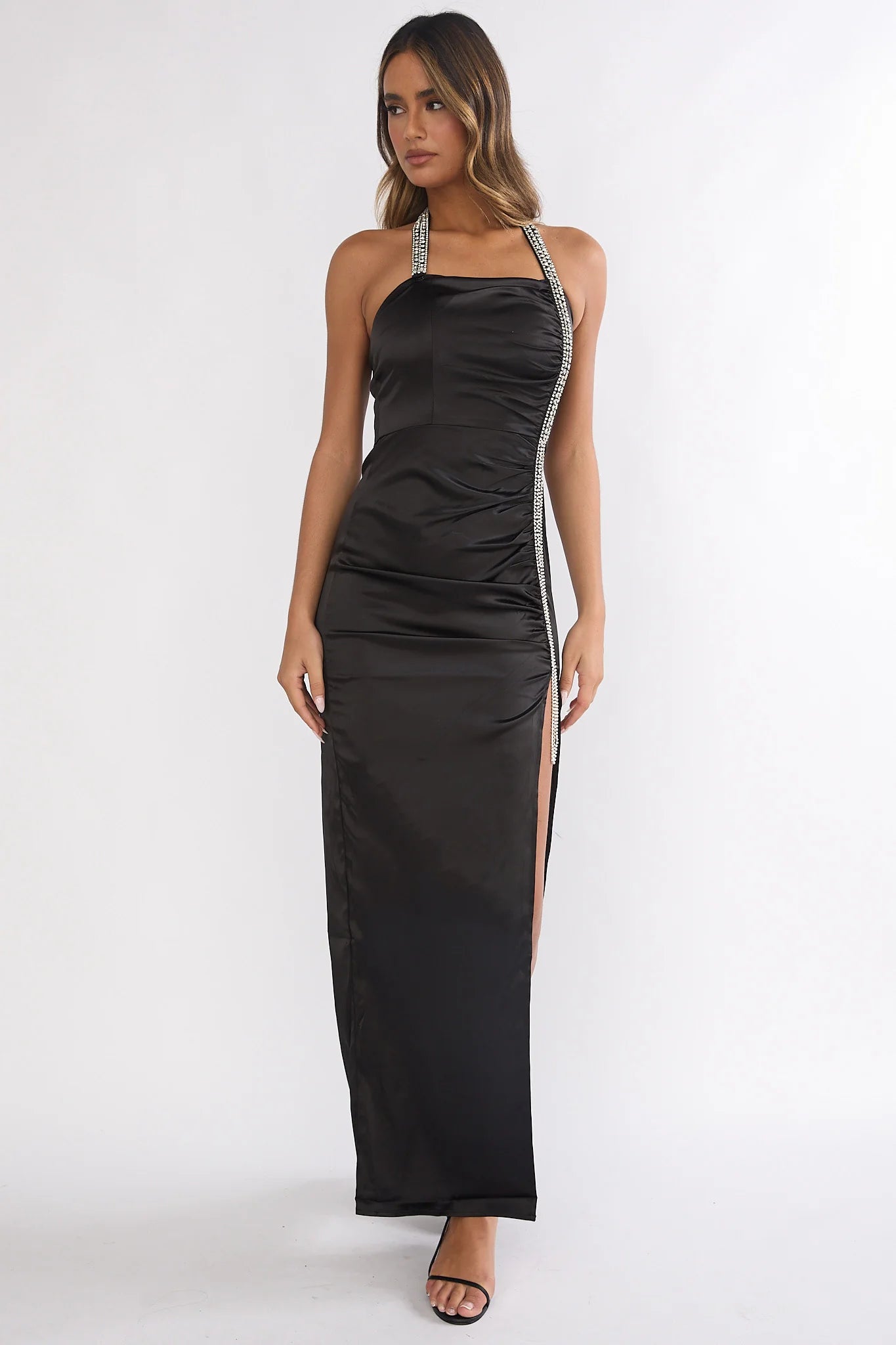 Black Satin Rhinestone Halter Ruched High Slit Maxi Evening Dress
