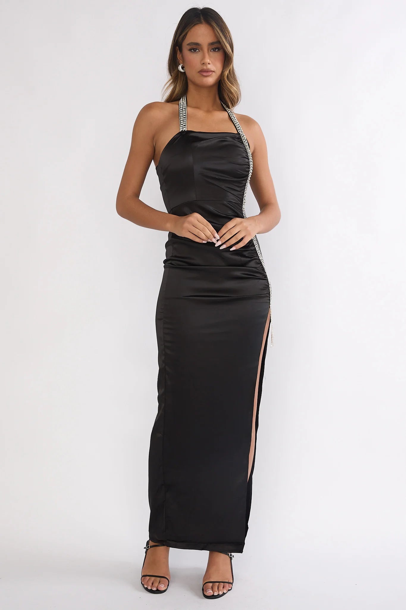Black Satin Rhinestone Halter Ruched High Slit Maxi Evening Dress