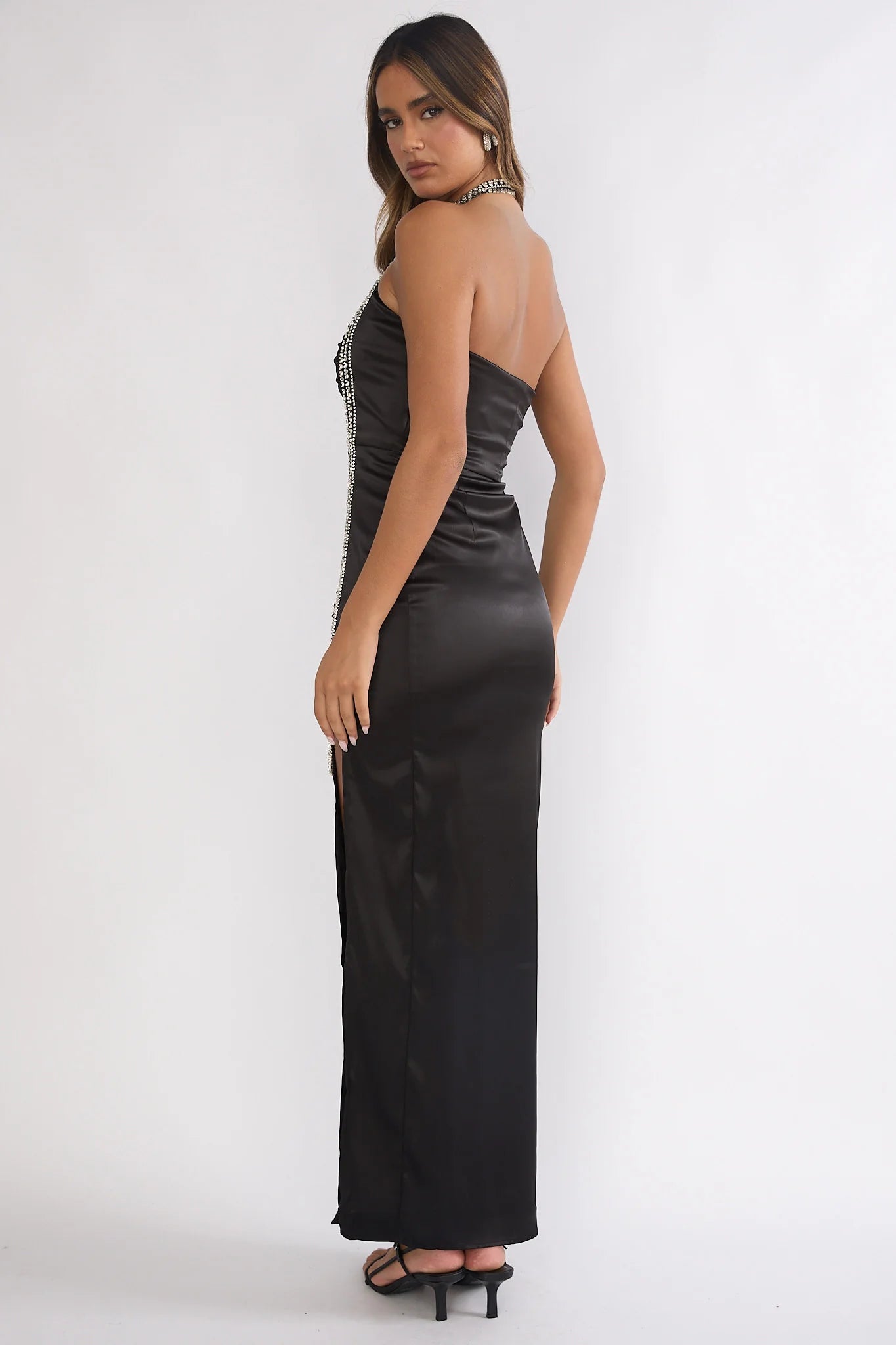 Black Satin Rhinestone Halter Ruched High Slit Maxi Evening Dress