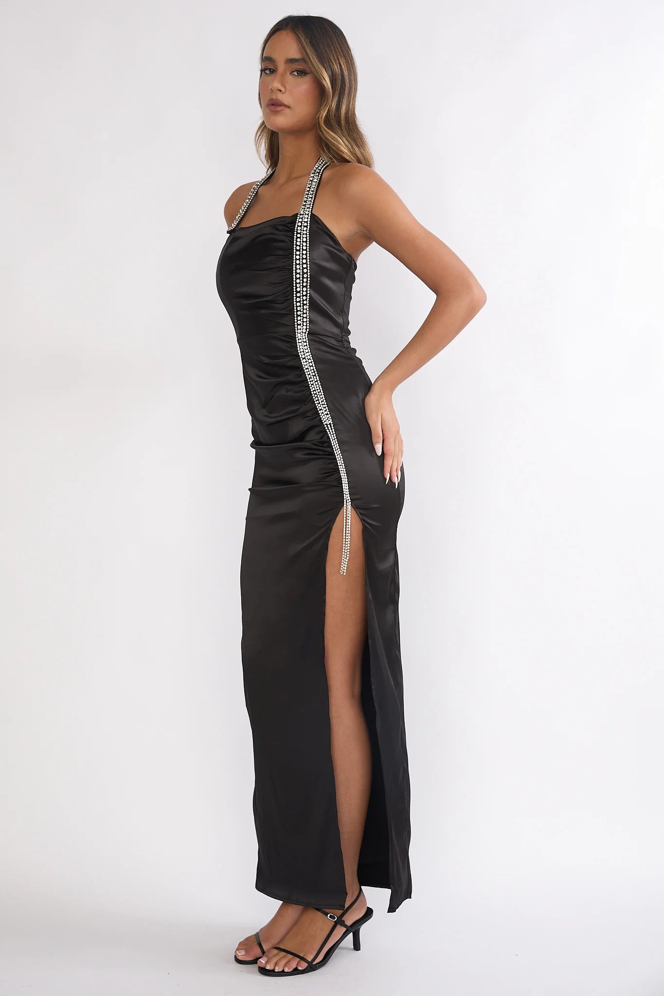 Black Satin Rhinestone Halter Ruched High Slit Maxi Evening Dress