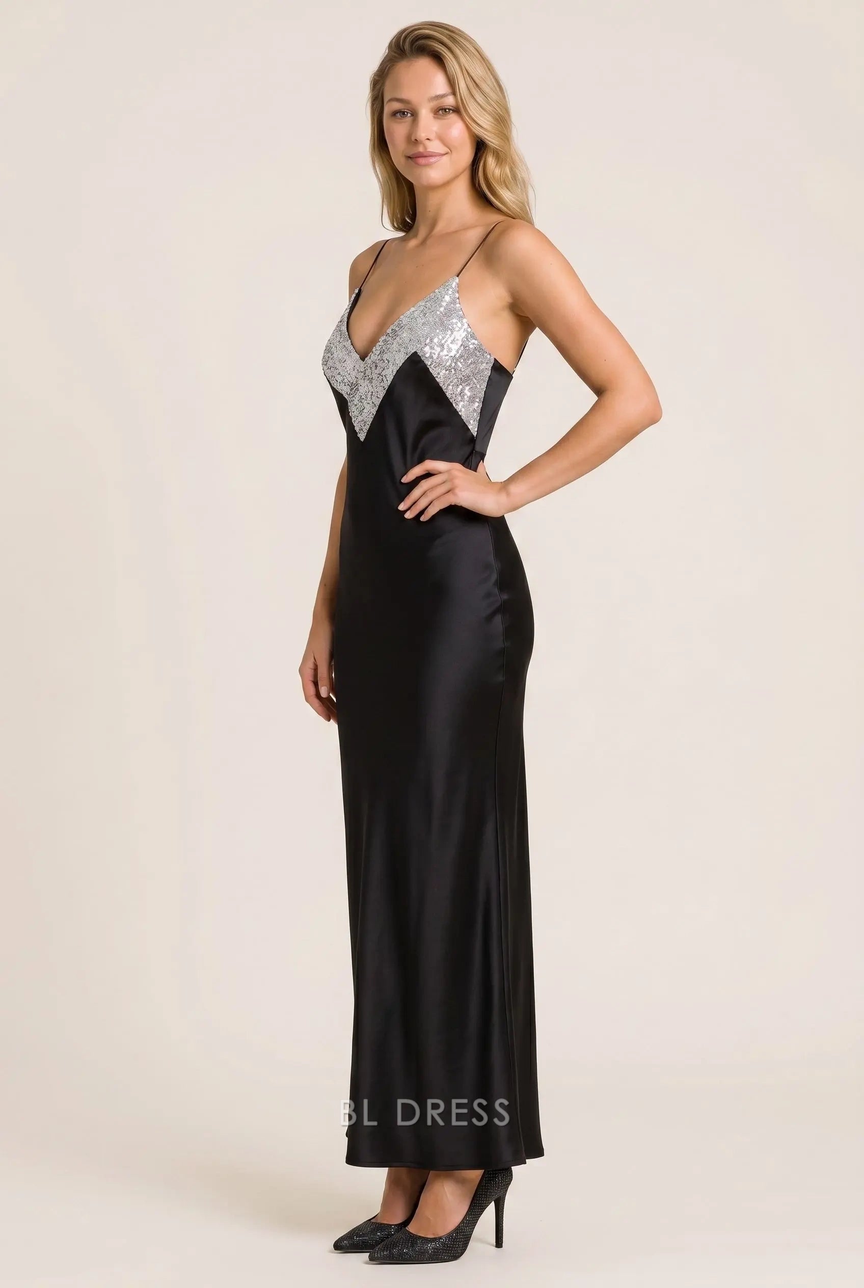 Black Satin Sheath Deep V Neck Spaghetti Strap Silver Sequin Top Open Back Midi Formal Evening Prom Dress