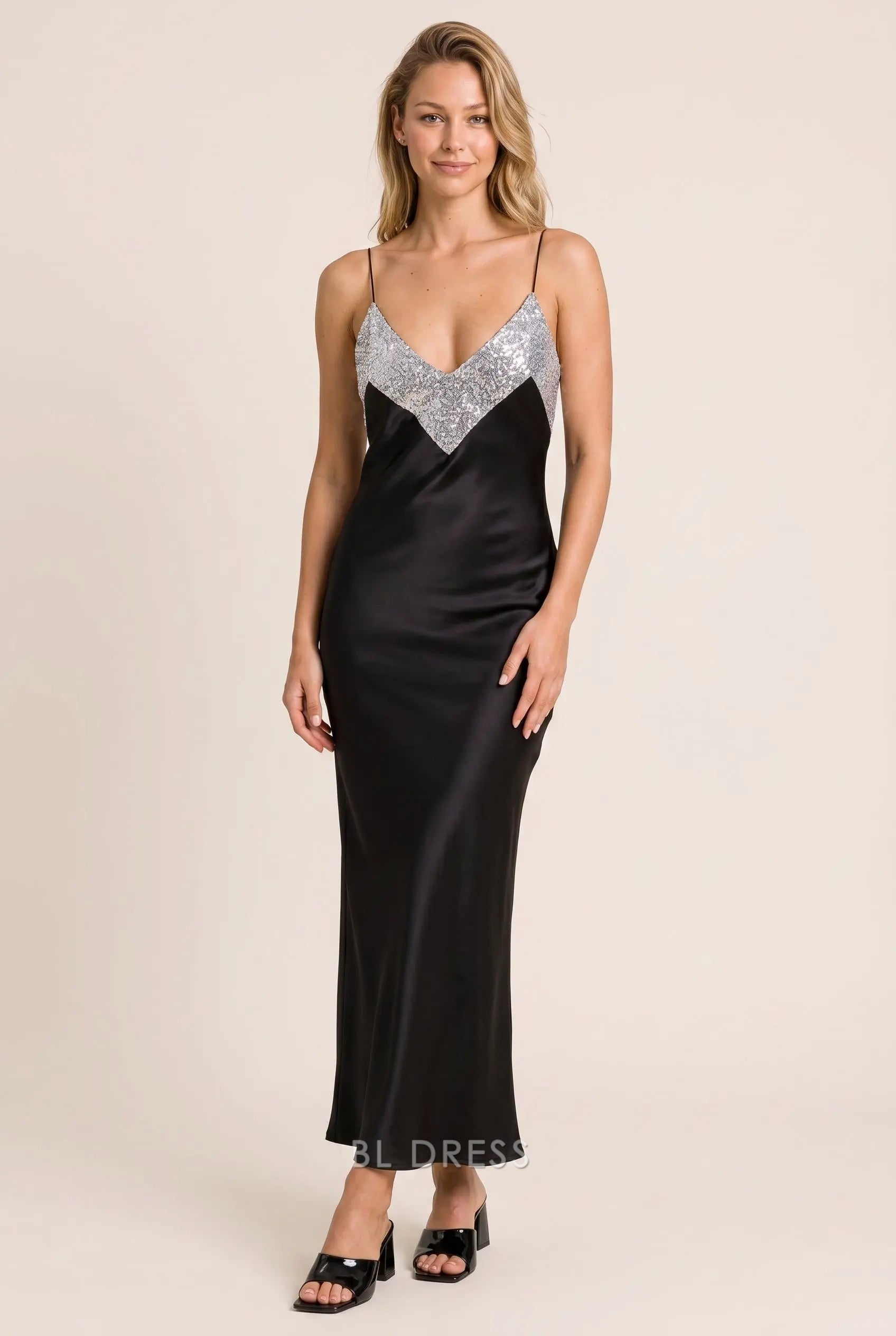 Black Satin Sheath Deep V Neck Spaghetti Strap Silver Sequin Top Open Back Midi Formal Evening Prom Dress