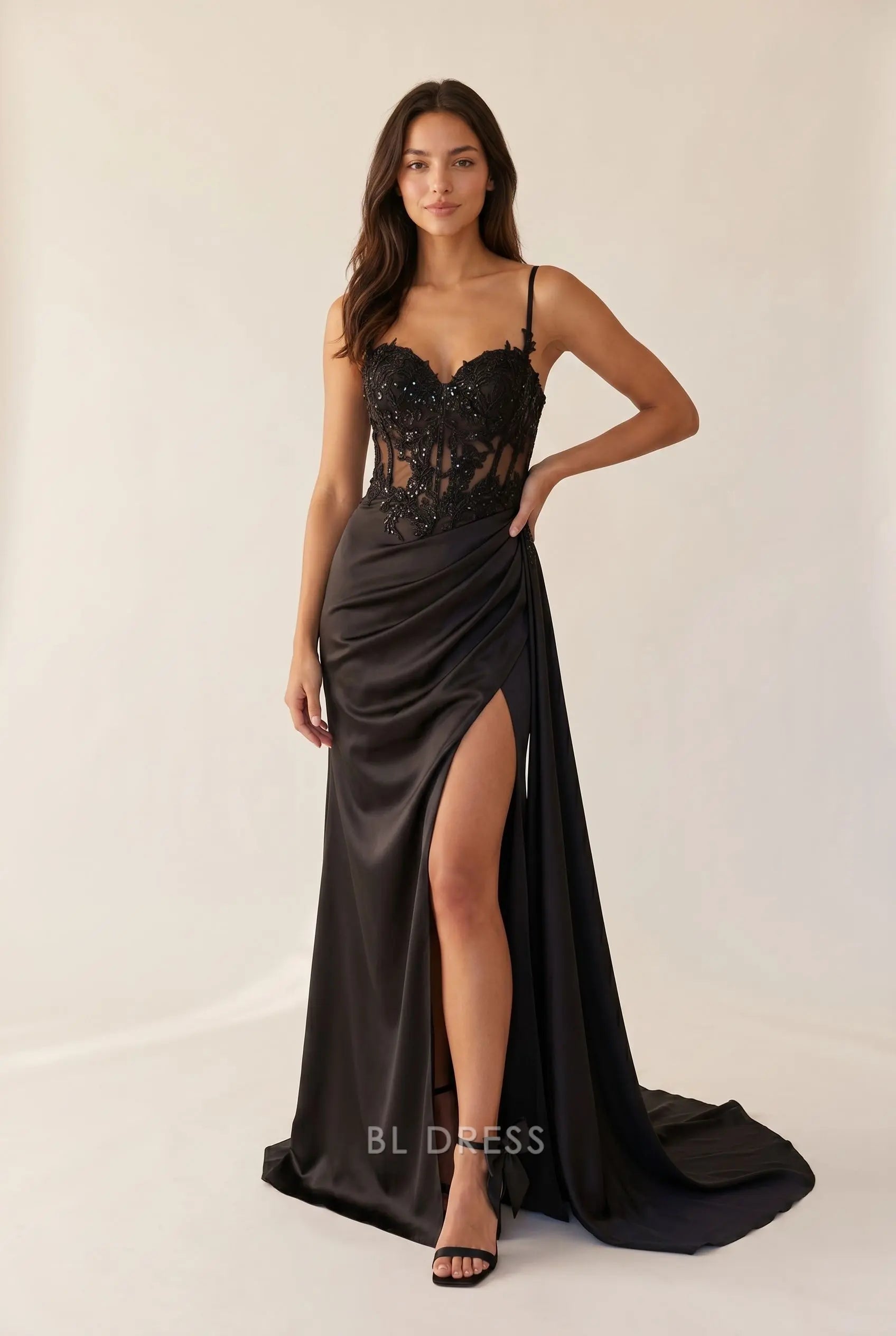 Black Satin Spaghetti Strap Sweetheart Neck Sheer Lace Beaded Corset Bodice Ruched High Slit Long Prom Dress with Train
