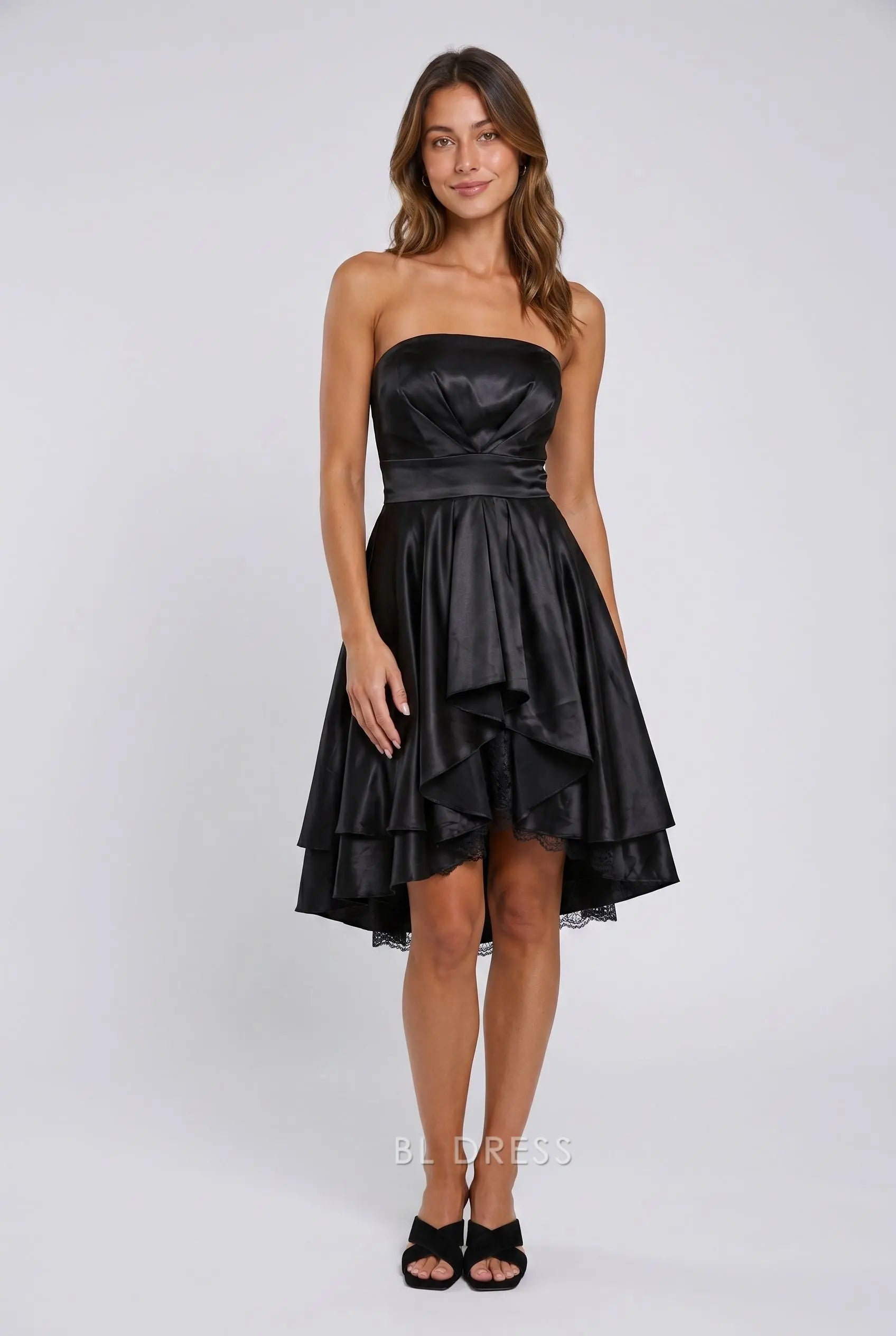 Black Satin Strapless Pleated Waistband Asymmetrical Ruffle Lace Trim High Low Mini Dress Homecoming Dress