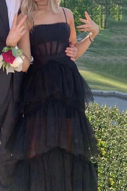 Black Spaghetti Strap Tiered Tulle Prom Dress with Corset Bodice for Formal Events and Prom Nights