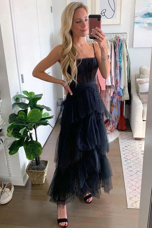 Black Spaghetti Strap Tiered Tulle Prom Dress with Corset Bodice for Formal Events and Prom Nights