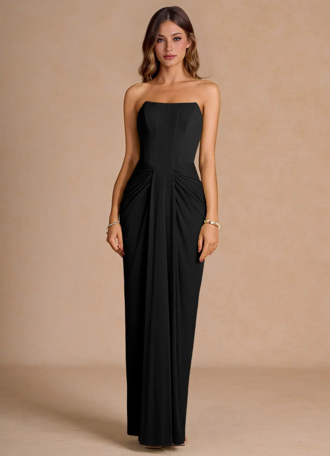 Black Strapless Corset Prom Dress with Ruched Waist and Fitted Floor Length Silhouette for Formal Events and Evening Occasions