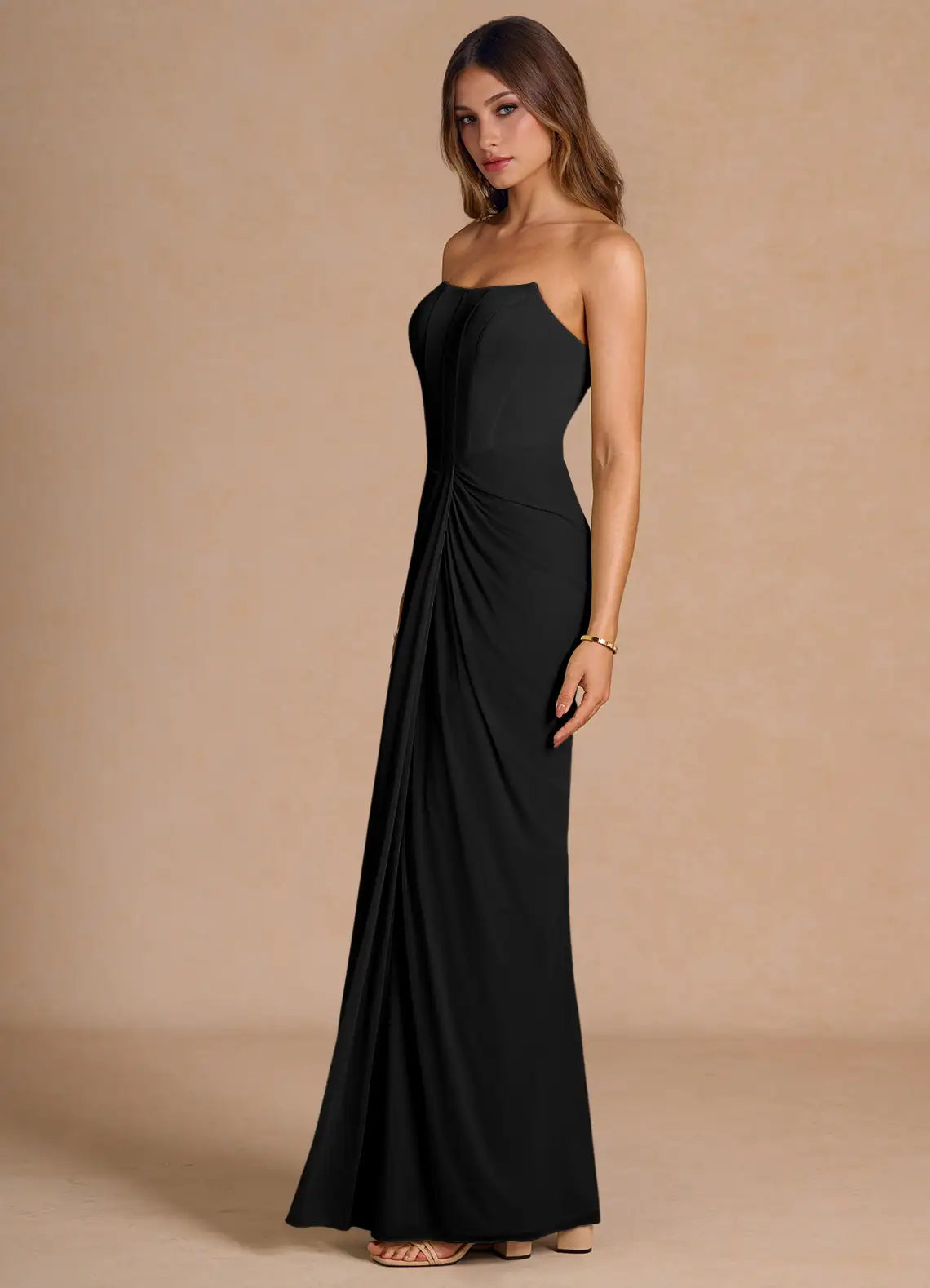 Black Strapless Corset Prom Dress with Ruched Waist and Fitted Floor Length Silhouette for Formal Events and Evening Occasions