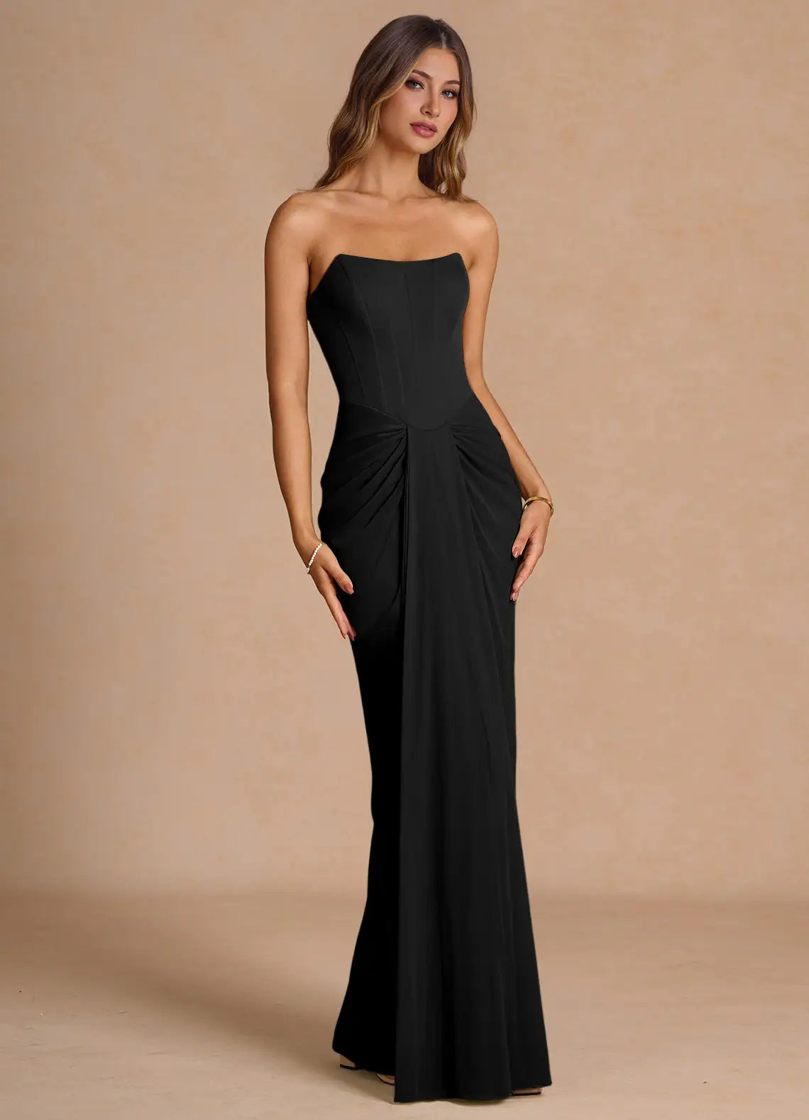 Black Strapless Corset Prom Dress with Ruched Waist and Fitted Floor Length Silhouette for Formal Events and Evening Occasions