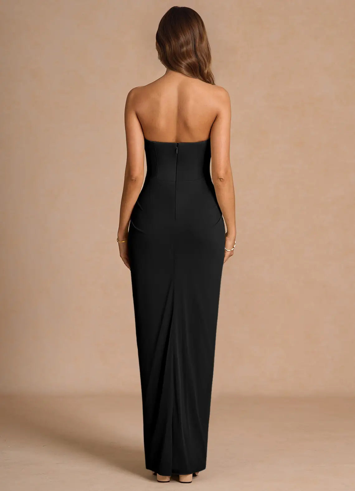 Black Strapless Corset Prom Dress with Ruched Waist and Fitted Floor Length Silhouette for Formal Events and Evening Occasions