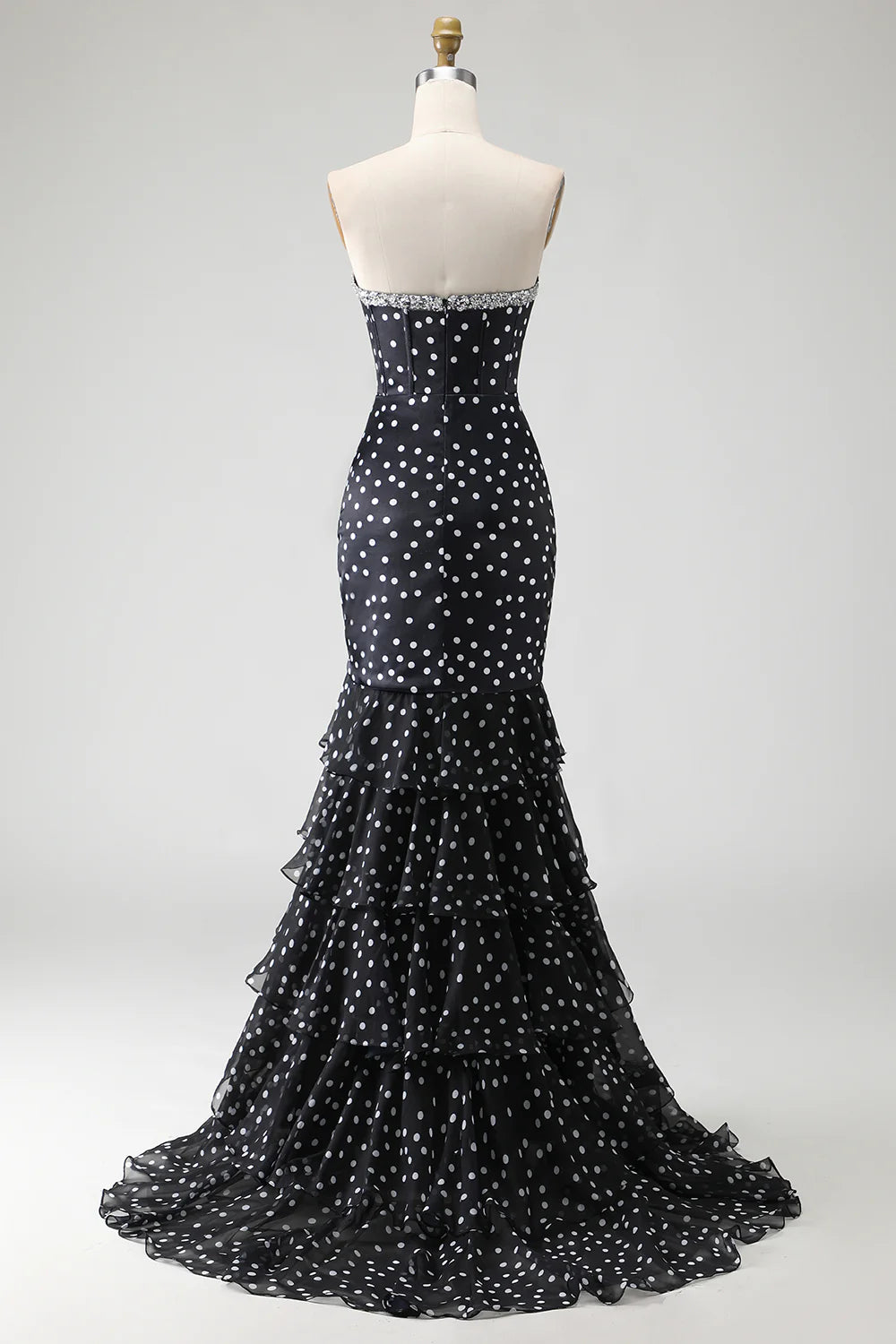 Black Strapless Polka Dot Prom Dress With Crystal Trim And Tiered Mermaid Skirt Formal Prom Dress