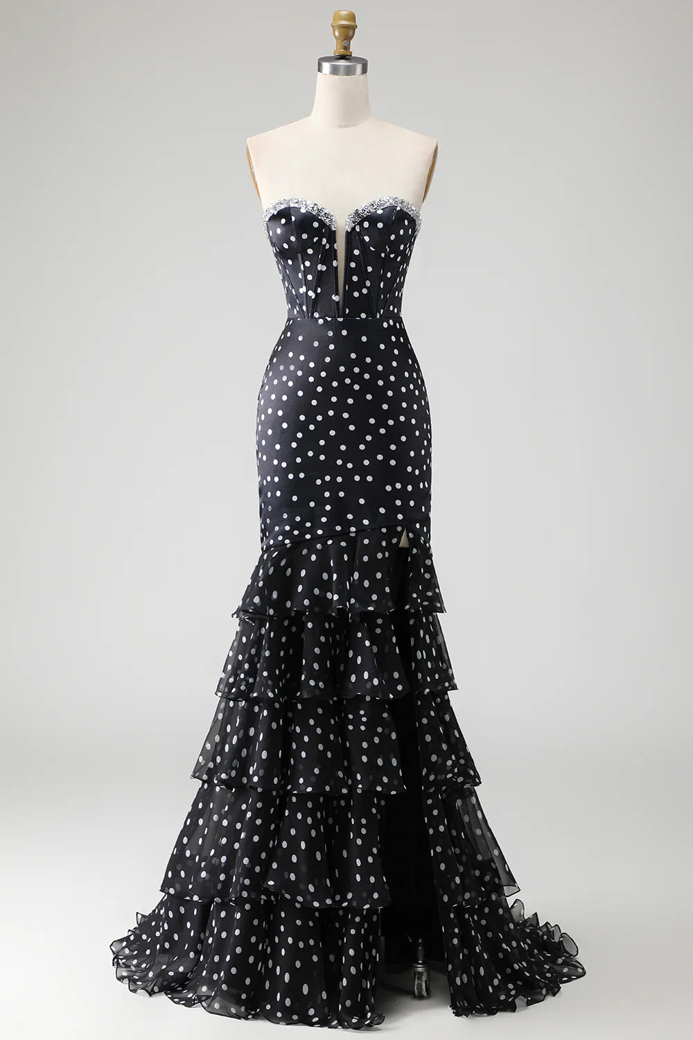 Black Strapless Polka Dot Prom Dress With Crystal Trim And Tiered Mermaid Skirt Formal Prom Dress