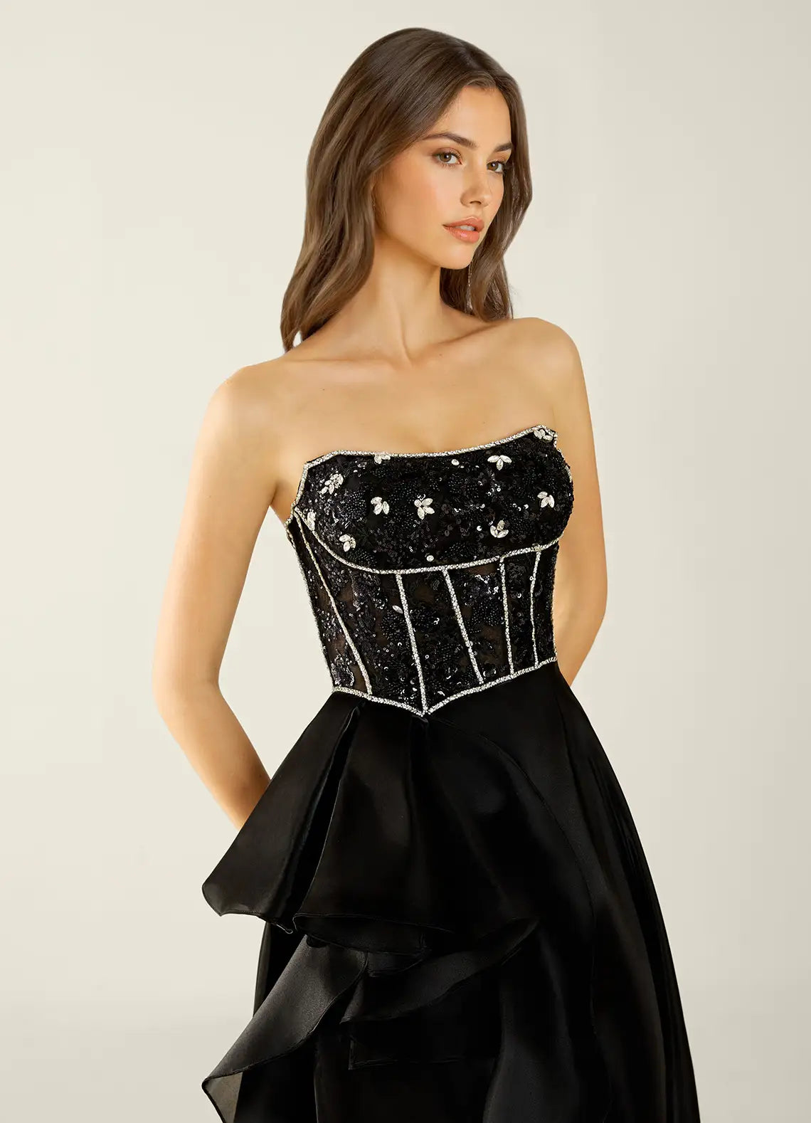 Black Strapless Prom Dress With Sweetheart Neck Corset Lace Up Back High Slit And Chiffon A Line Formal Prom Dress