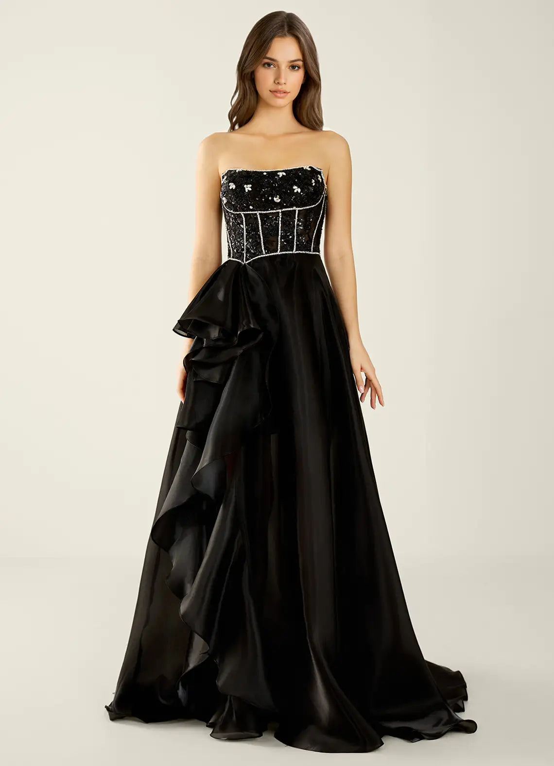 Black Strapless Prom Dress With Sweetheart Neck Corset Lace Up Back High Slit And Chiffon A Line Formal Prom Dress