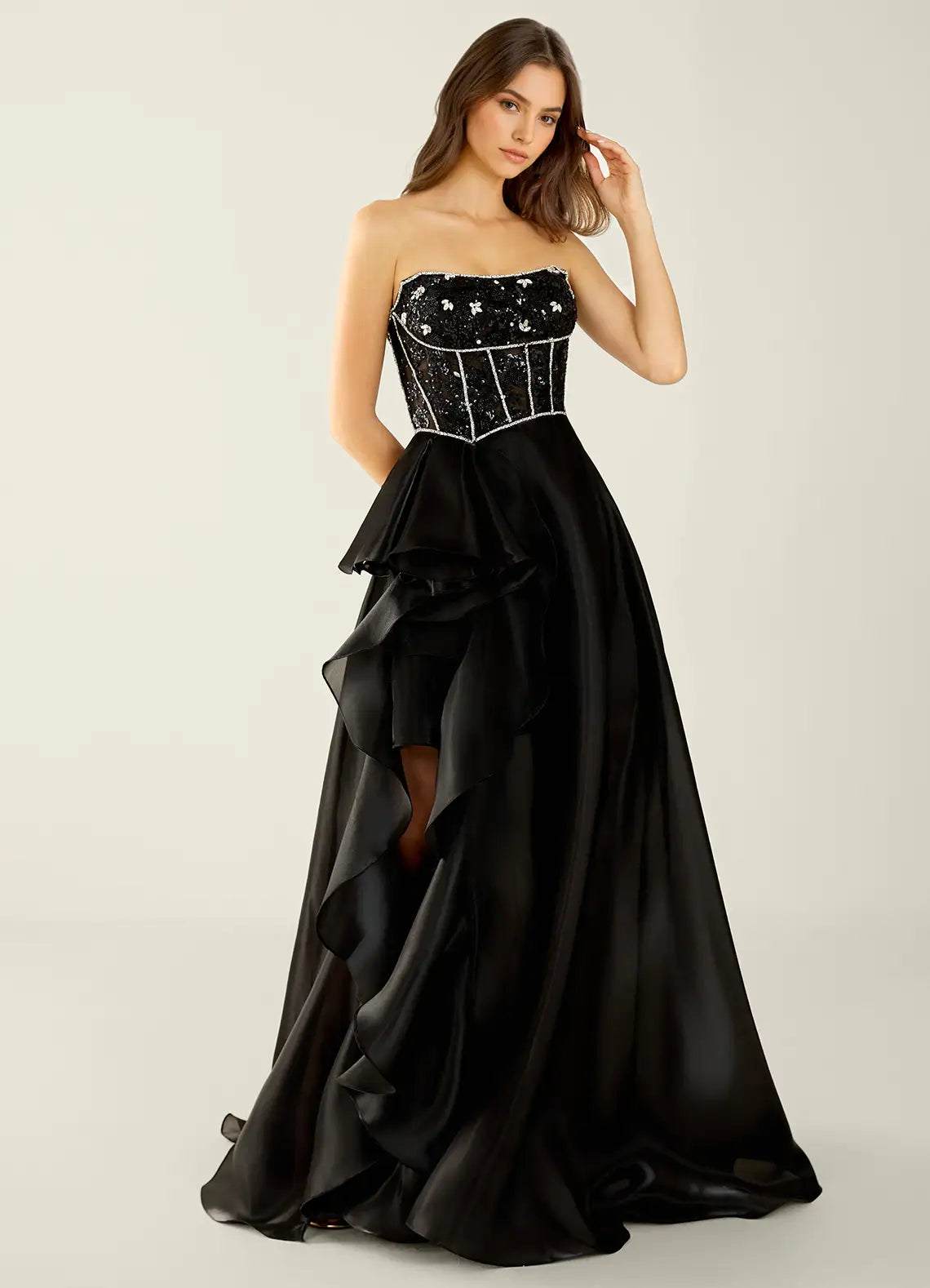 Black Strapless Prom Dress With Sweetheart Neck Corset Lace Up Back High Slit And Chiffon A Line Formal Prom Dress