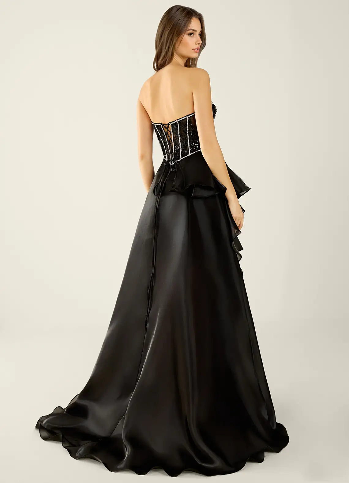 Black Strapless Prom Dress With Sweetheart Neck Corset Lace Up Back High Slit And Chiffon A Line Formal Prom Dress