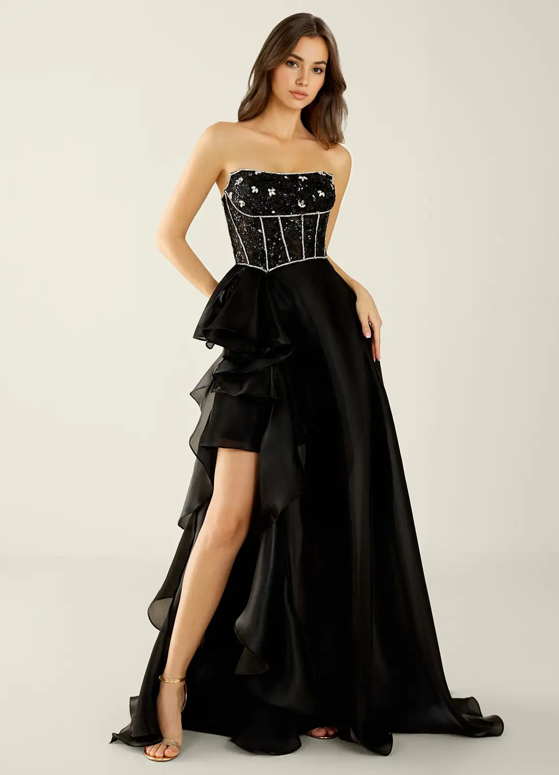 Black Strapless Prom Dress With Sweetheart Neck Corset Lace Up Back High Slit And Chiffon A Line Formal Prom Dress