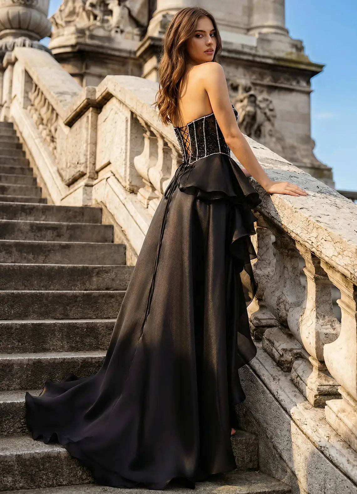 Black Strapless Prom Dress With Sweetheart Neck Corset Lace Up Back High Slit And Chiffon A Line Formal Prom Dress