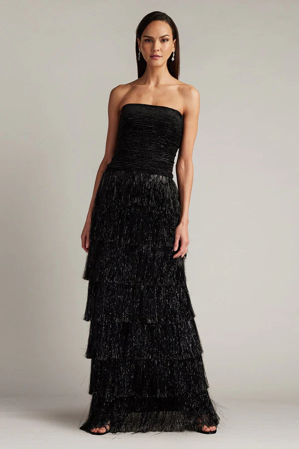 Black Strapless Tiered Fringe A Line Floor Length Formal Evening Prom Dress