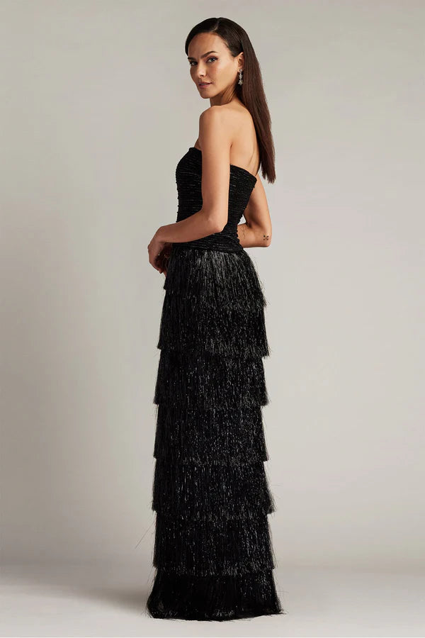 Black Strapless Tiered Fringe A Line Floor Length Formal Evening Prom Dress