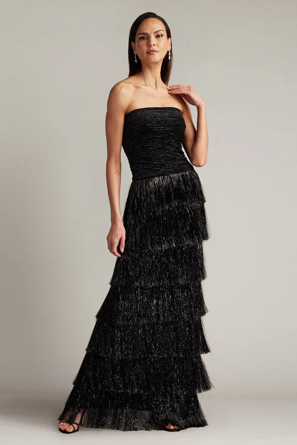 Black Strapless Tiered Fringe A Line Floor Length Formal Evening Prom Dress