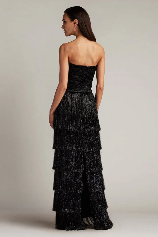 Black Strapless Tiered Fringe A Line Floor Length Formal Evening Prom Dress