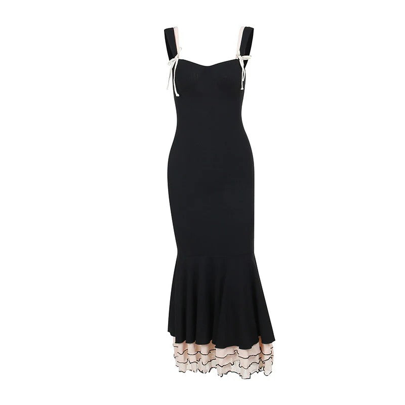 Black Sweetheart Neck Prom Dress With White Trim Straps And Tiered Ruffle Hem Mermaid Formal Prom Dress