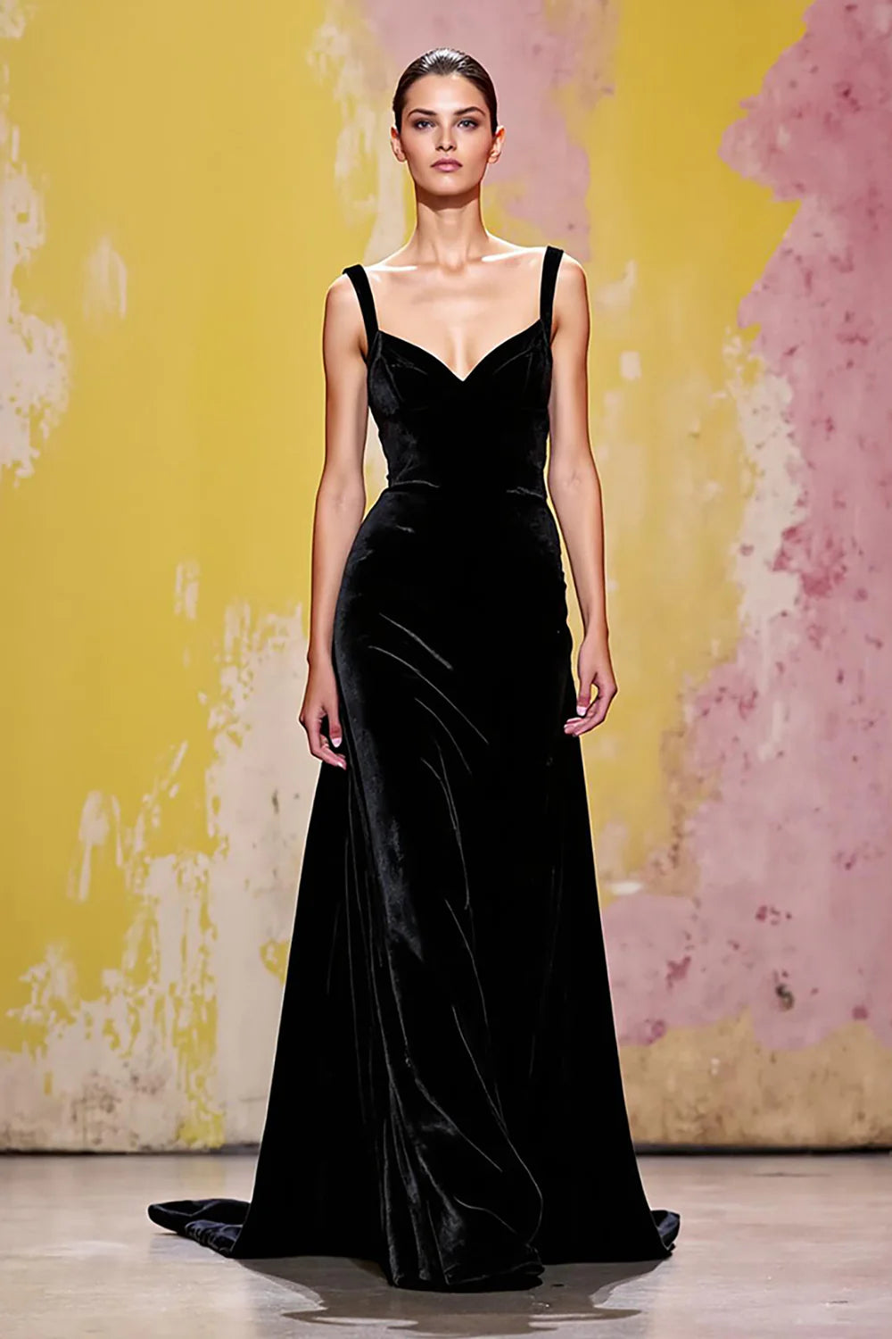 Black Sweetheart Neckline Prom Dress With Wide Straps And Velvet Mermaid Silhouette With Train For Formal Evening Party
