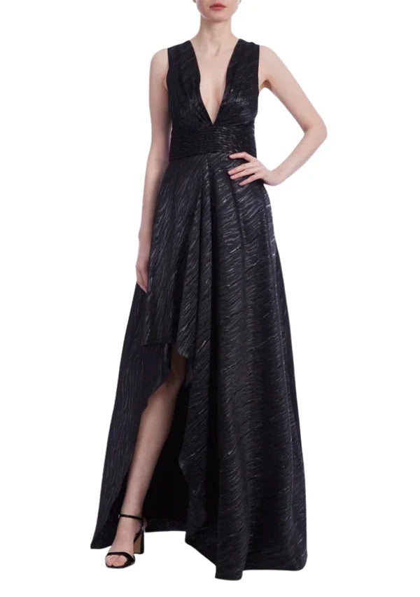 Black Textured A Line Deep V Neck Sleeveless Back Zipper High Low Formal Evening Prom Dress