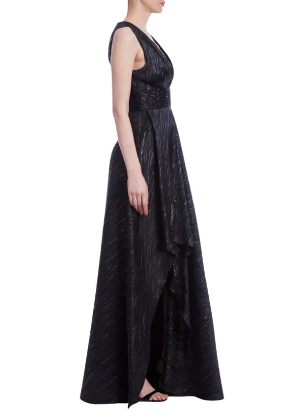 Black Textured A Line Deep V Neck Sleeveless Back Zipper High Low Formal Evening Prom Dress