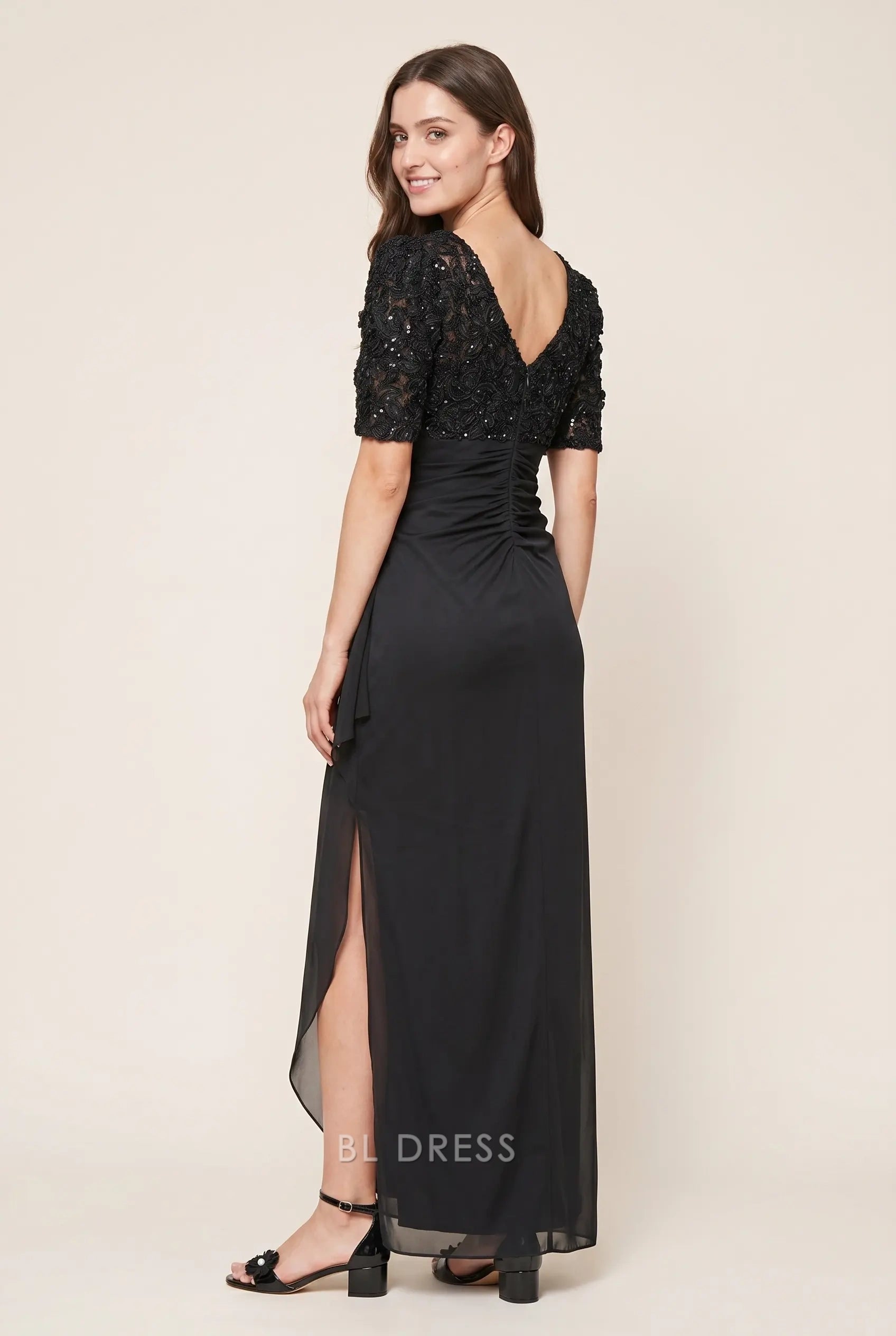 Black V Neck Short Sleeve Lace Sequin Bodice High Slit Chiffon Floor Length Formal Evening Prom Dress