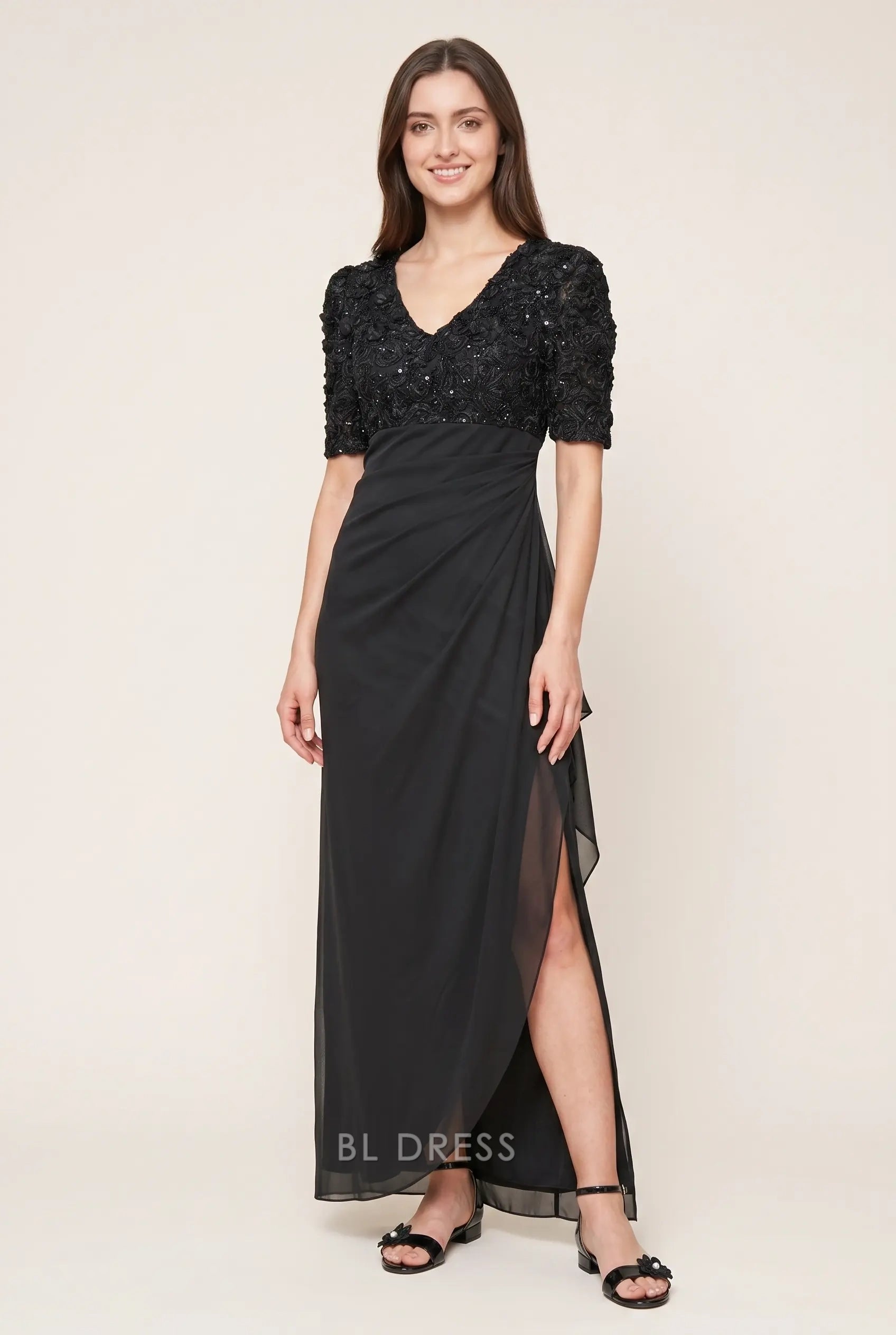 Black V Neck Short Sleeve Lace Sequin Bodice High Slit Chiffon Floor Length Formal Evening Prom Dress