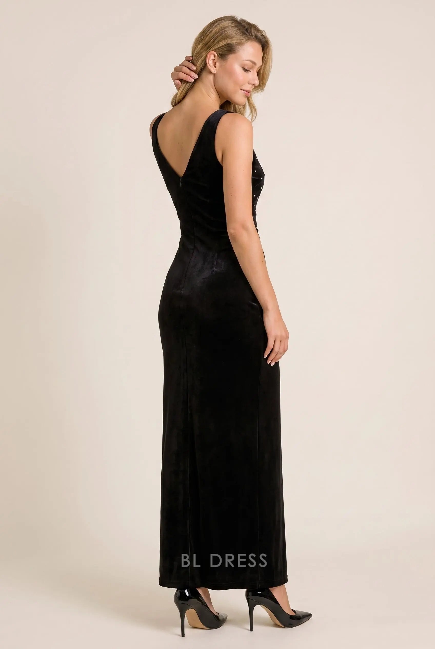 Black Velvet Mermaid Deep V Neck Sleeveless Rhinestone Accent V Back Floor Length Formal Evening Prom Dress
