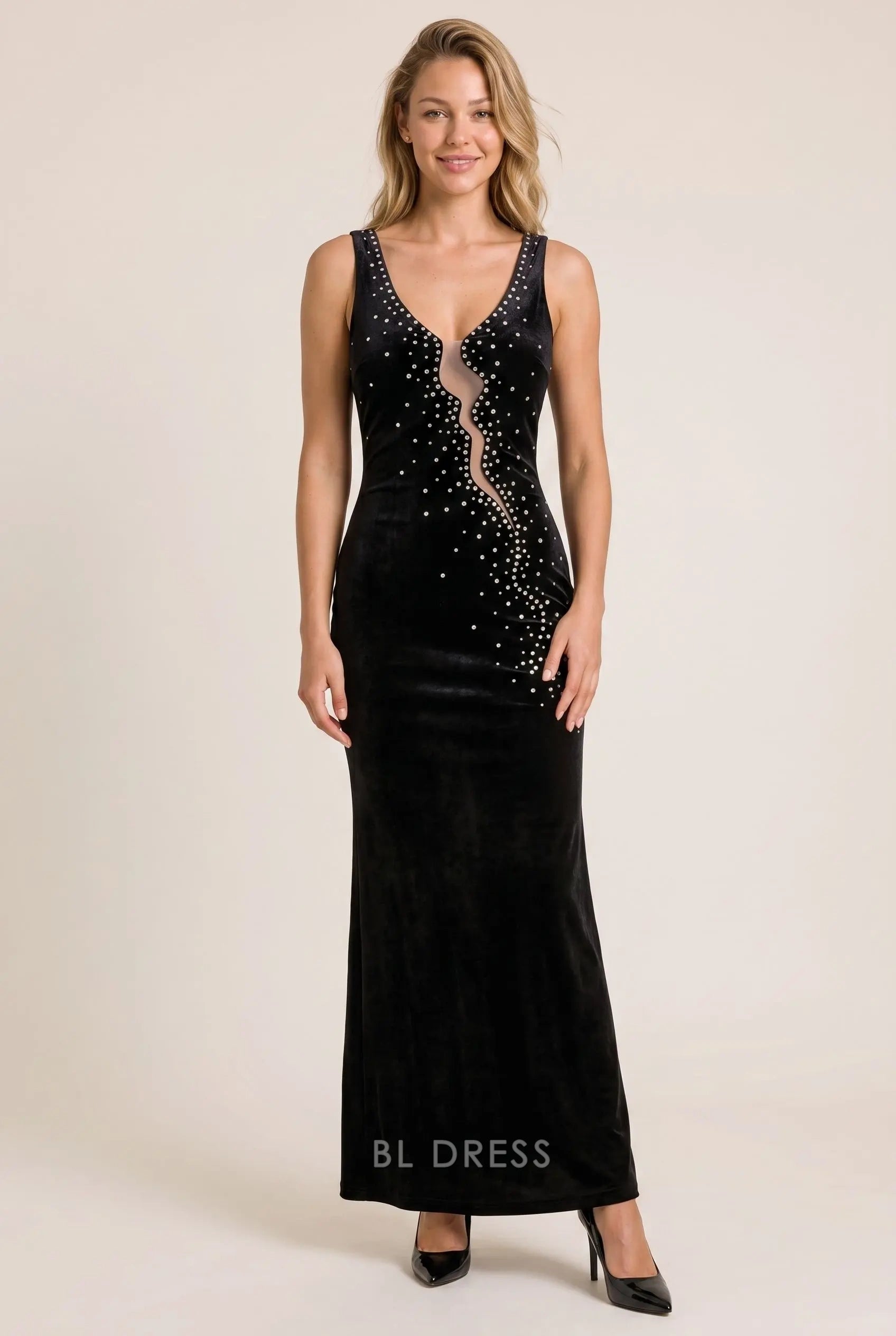 Black Velvet Mermaid Deep V Neck Sleeveless Rhinestone Accent V Back Floor Length Formal Evening Prom Dress