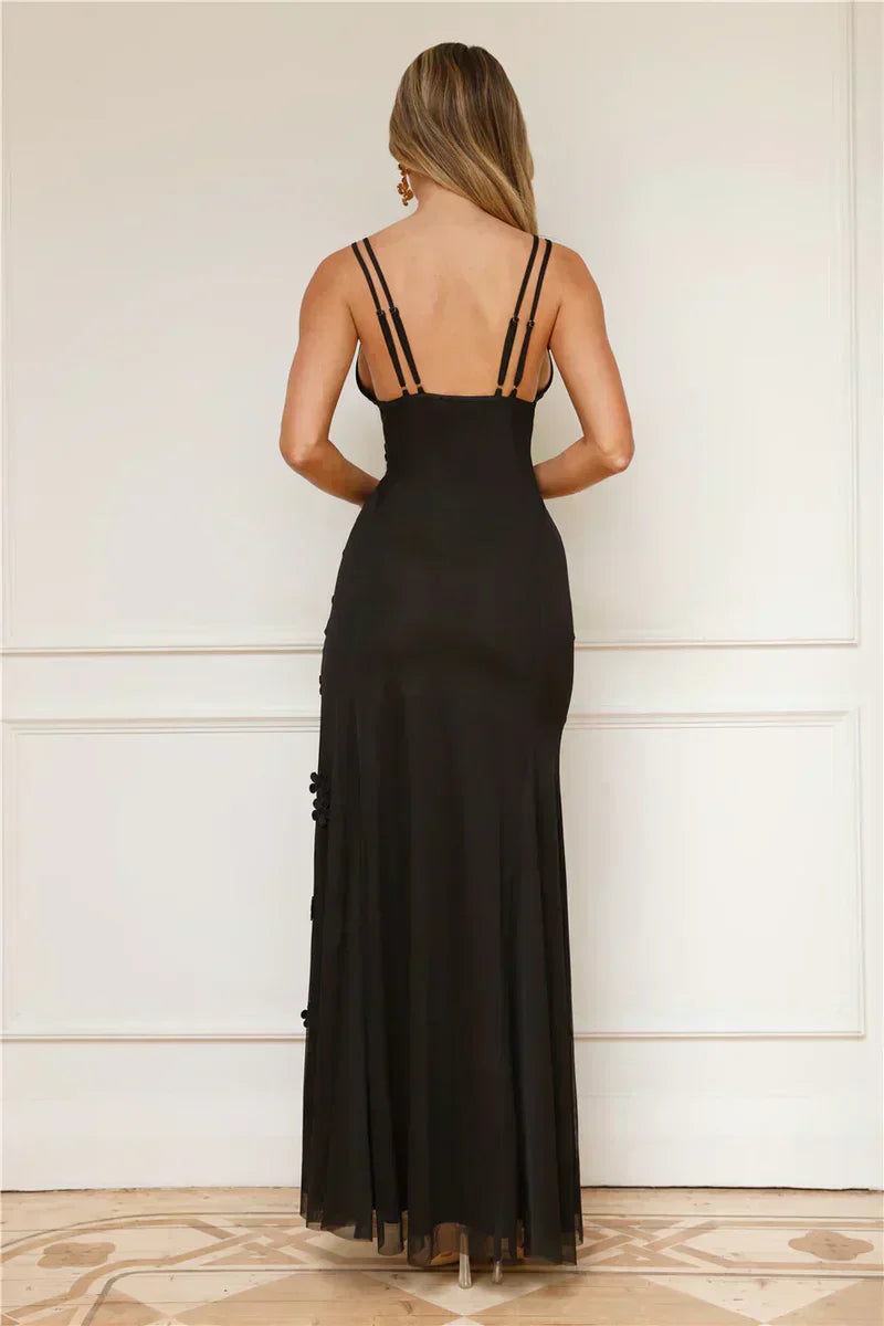 Black White Floral Applique Double Strap V Neck High Slit Mermaid Floor Length Prom Dress