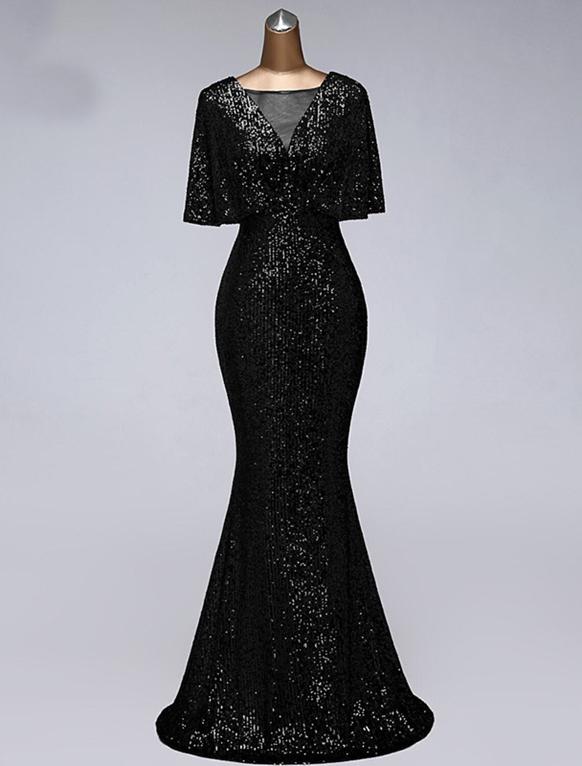 Meerjungfrau/Trompete Ballkleider Glitzerkleid Hochzeitsgast Bodenlang Halbarm Illusionsausschnitt Paillettenbesetzt mit Paillettenrüschen