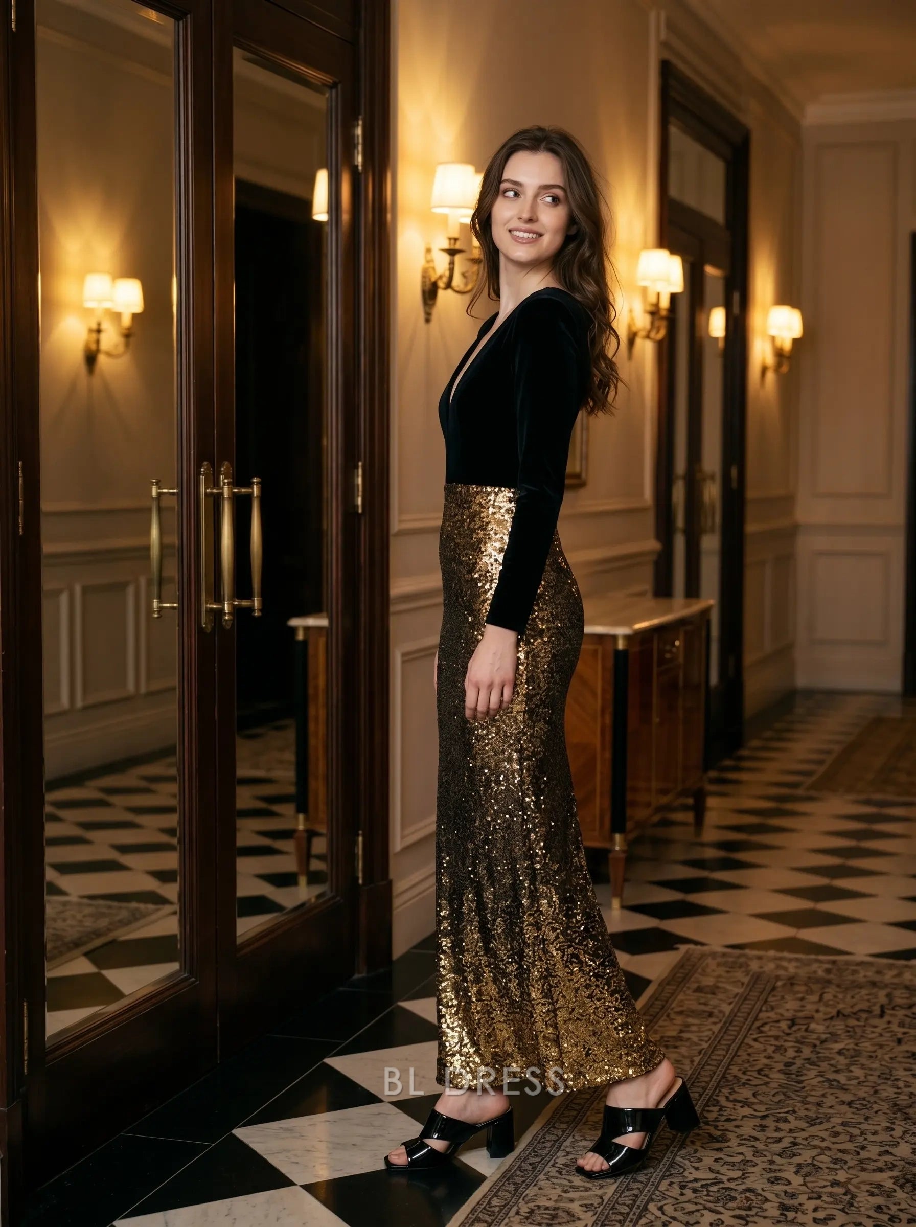 Black and Gold Long Sleeve V Neck Velvet Sequin Mermaid Floor Length Formal Evening Prom Dress