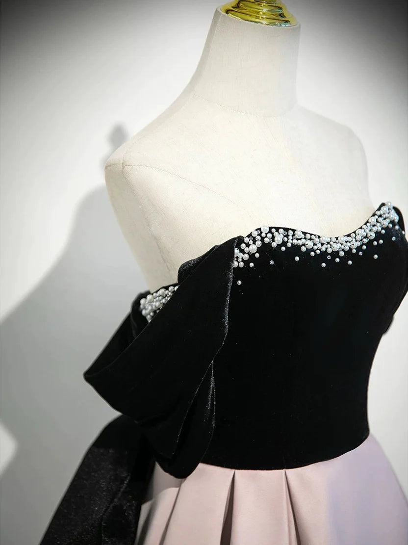 Black and Pink Two Tone Off Shoulder Velvet Corset Back Ball Gown Prom Dress