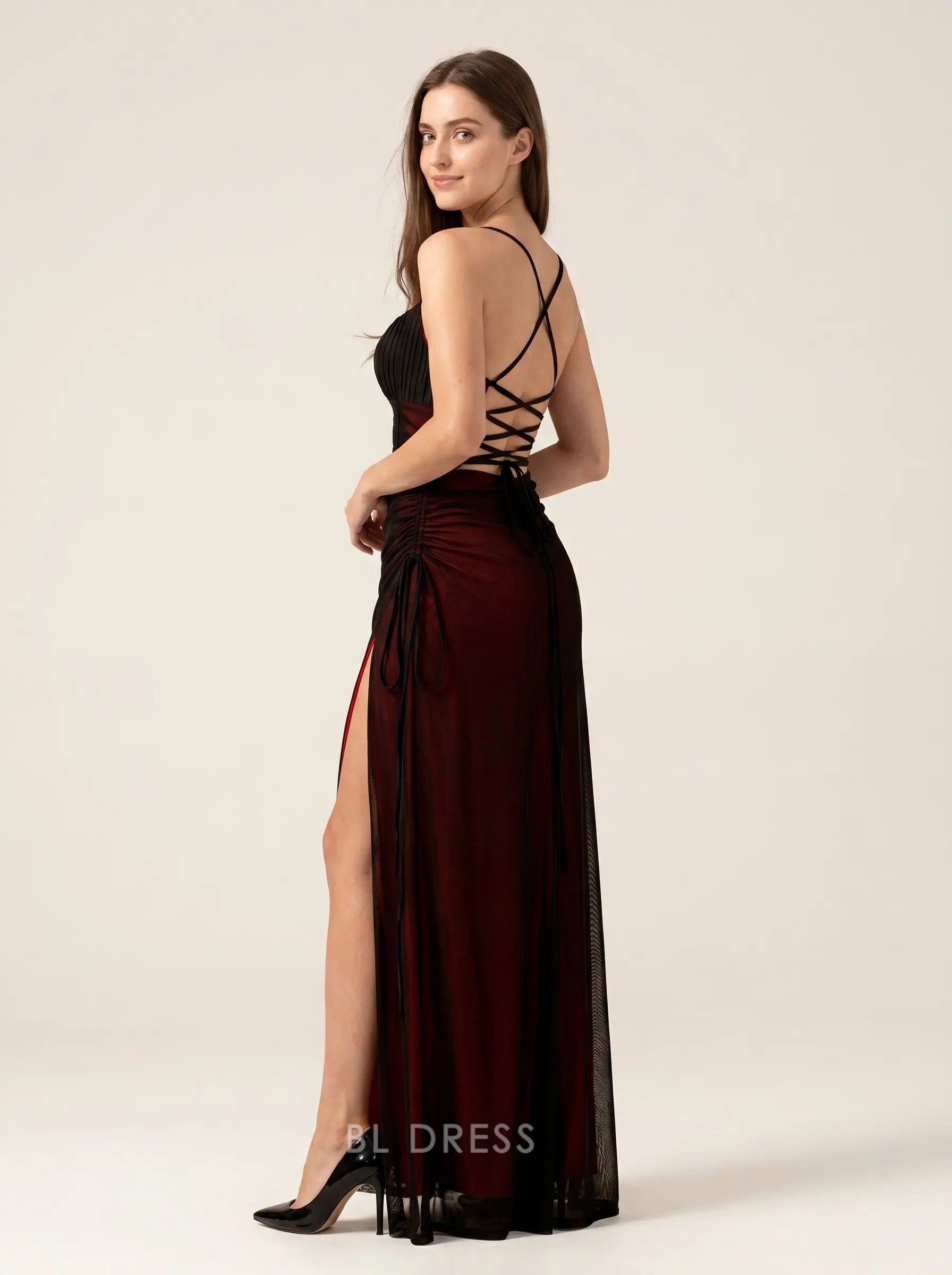 Black and Red Spaghetti Strap Ruched Mesh Corset Lace Up High Slit Floor Length Formal Evening Prom Dress