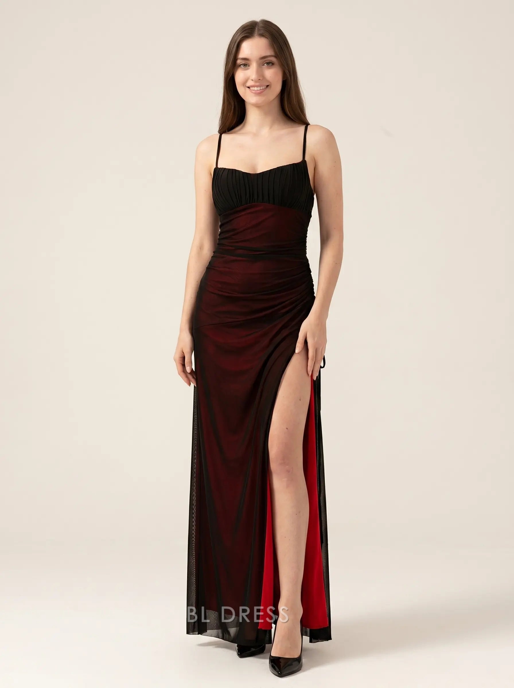 Black and Red Spaghetti Strap Ruched Mesh Corset Lace Up High Slit Floor Length Formal Evening Prom Dress